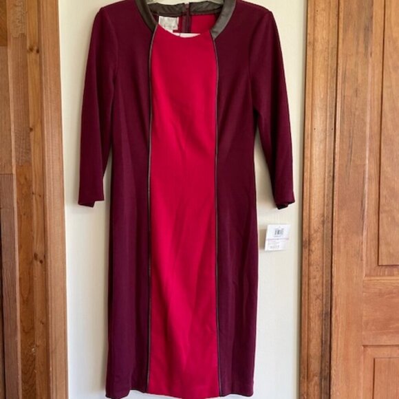 DONNA MORGAN Colorblock Shift Bordeaux Long Sleeve Faux Leather Trim Dre… - Picture 5 of 16